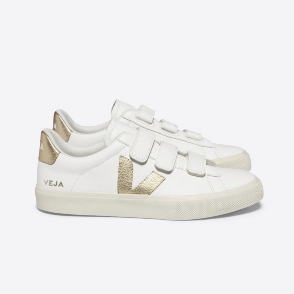 Veja White and Gold Velcro Sneakers